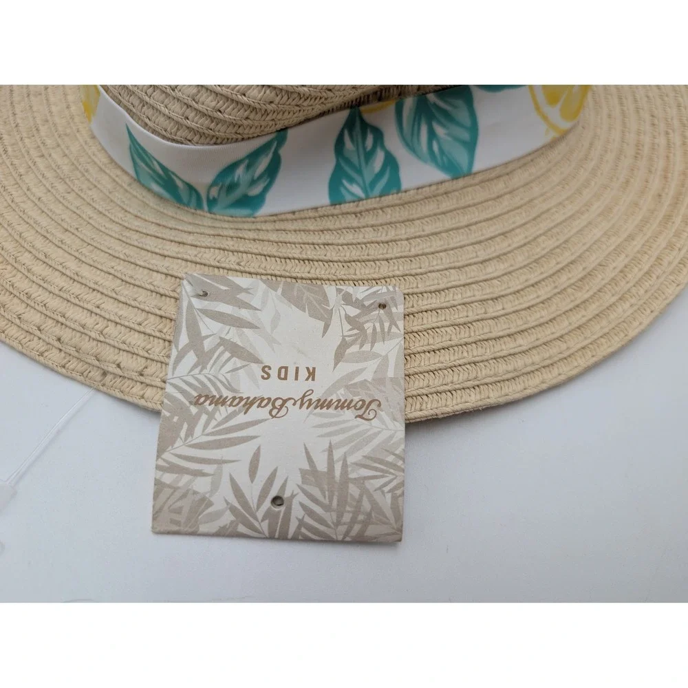 Tommy Bahama Sun Hat Girls OS Tan Lemon Print Bow Wide Brim Straw‎ CM00256